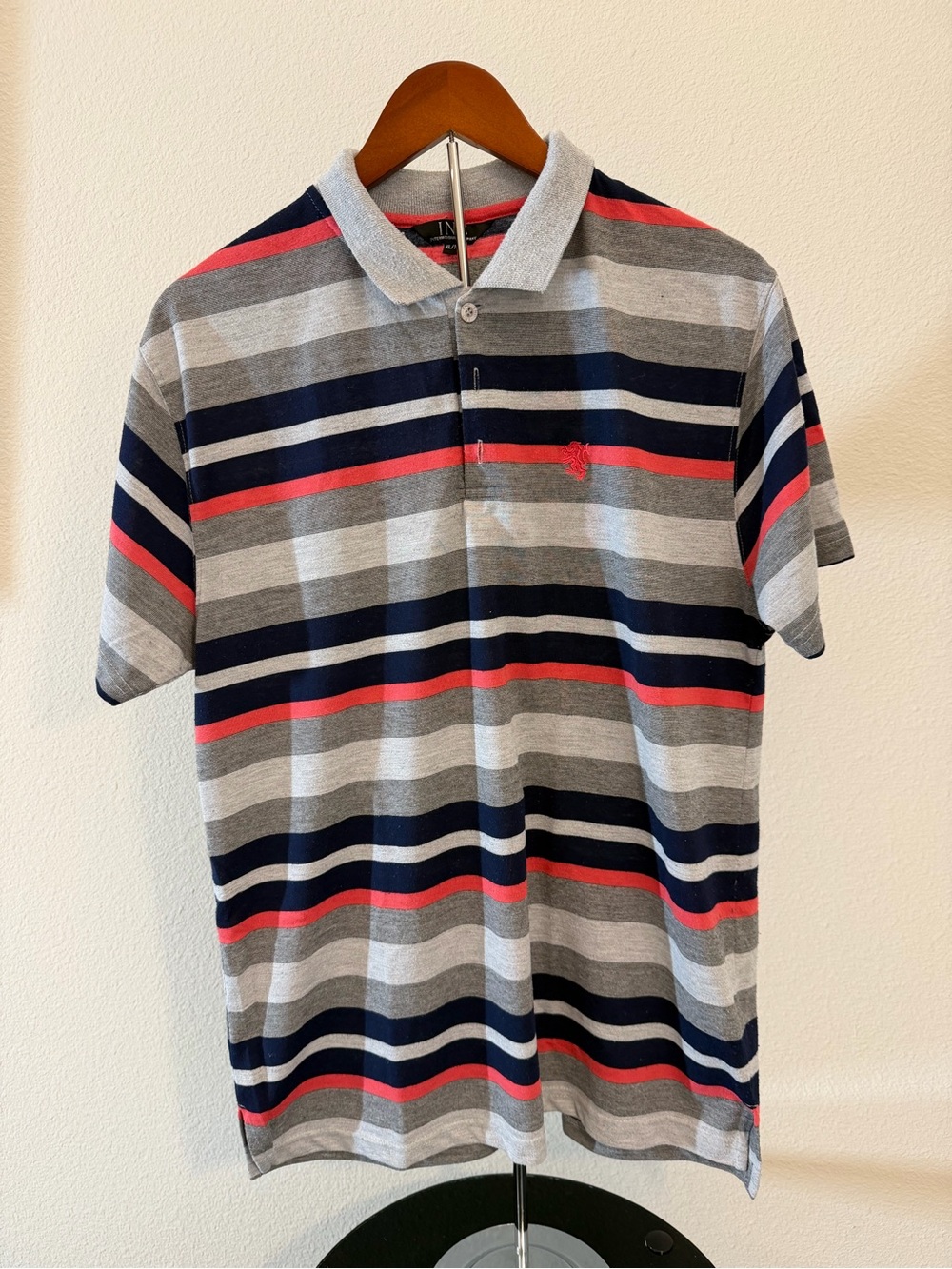 INC International Concepts Men's Grey Polo with Navy and Coral Stripes